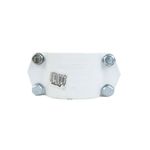 Silleta abrazadera PVC lisa 2" x 3/4" Durman, vista frontal con pernos metálicos y etiqueta de código de barras