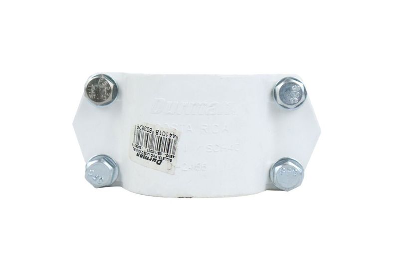 Silleta abrazadera PVC lisa 2" x 3/4" Durman, vista frontal con pernos metálicos y etiqueta de código de barras