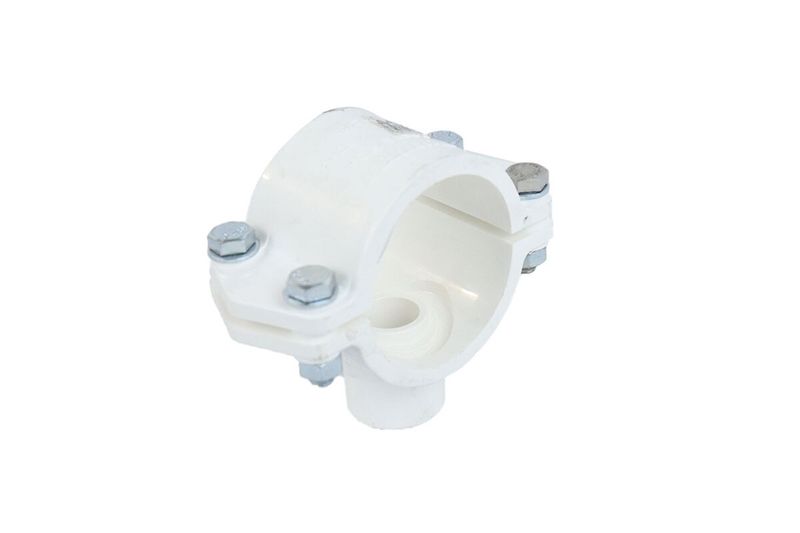 Silleta abrazadera PVC lisa 2" x 3/4" Durman, vista en ángulo desde arriba resaltando los pernos metálicos