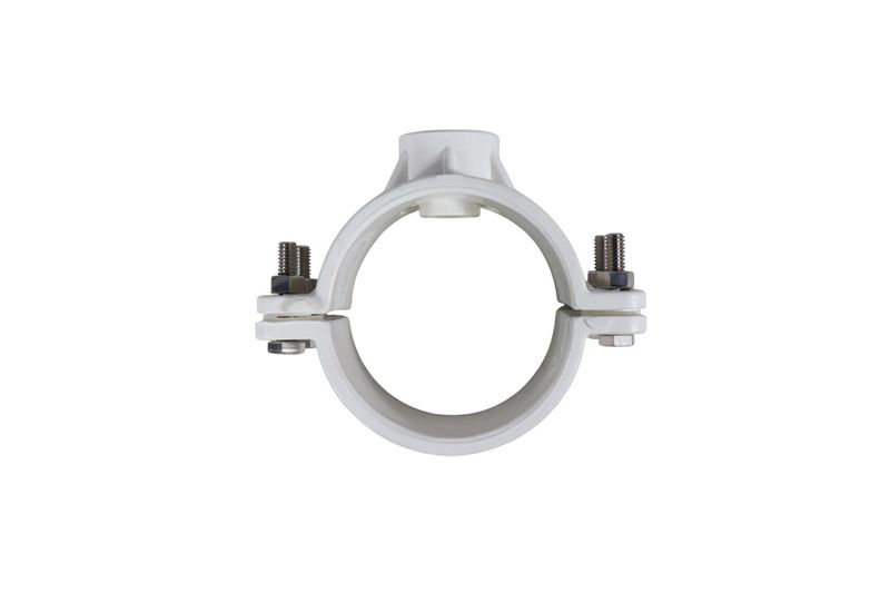 Silleta abrazadera PVC lisa 3"x3/4" Durman, vista frontal del accesorio blanco con tornillos metálicos
