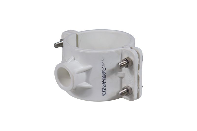 Silleta abrazadera PVC lisa 3" x 3/4" Durman, vista lateral detallando los tornillos metálicos y el orificio de anclaje