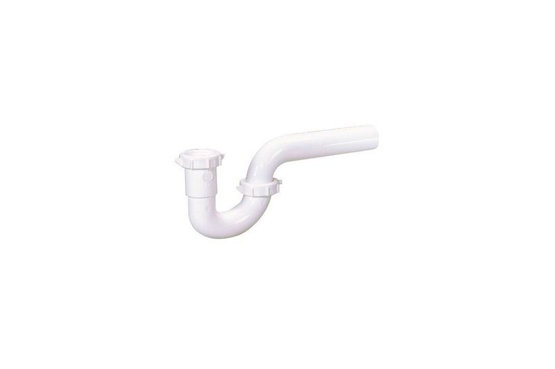Trampa para pantry ACE de 1-1/2 pulgadas PVC blanco conexión pared, vista lateral de la pieza curva con tuercas de unión