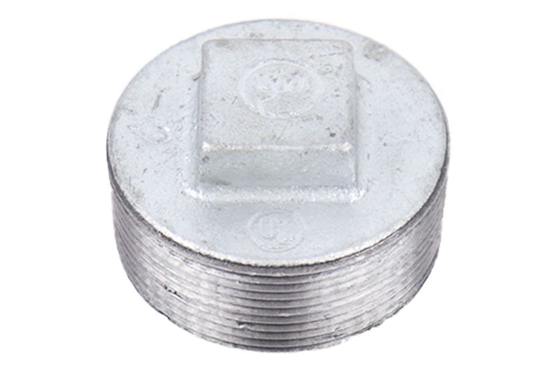 Tapón macho galvanizado cédula 20 de 2 pulgadas Facenil, vista superior del cabezal cuadrado y rosca lateral
