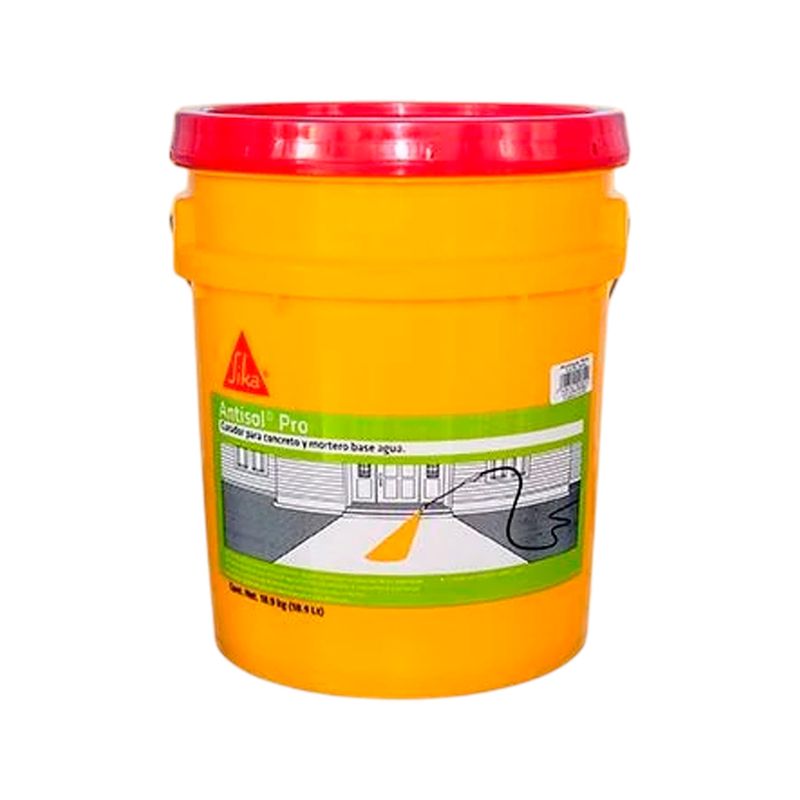 Antisol GP Cub de 18.9 kg Sika, cubeta amarilla con etiqueta blanca y verde que muestra aplicación del producto