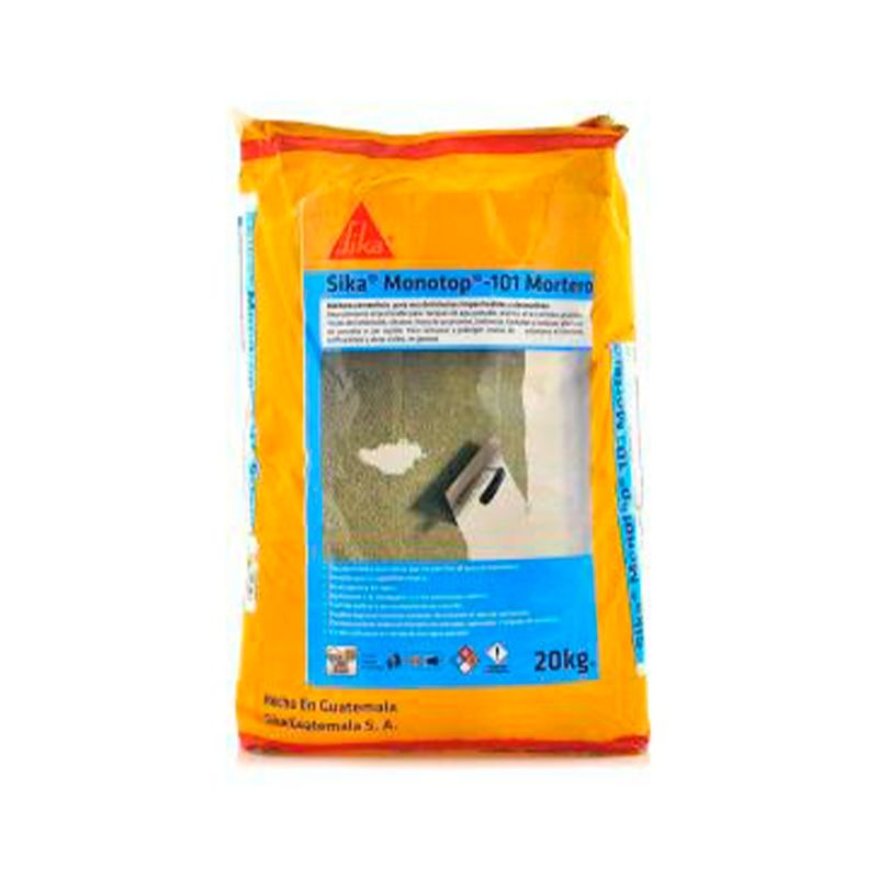 Sika MonoTop-101 blanco de 20 kg Sika, bolsa amarilla con ilustración de aplicación en muro