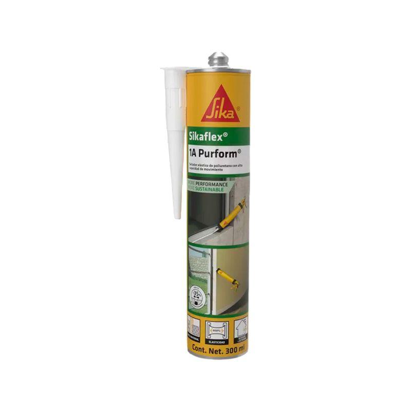 Sikaflex 1A Purform Sika de 300 ml, cartucho blanco y amarillo con boquilla plástica blanca