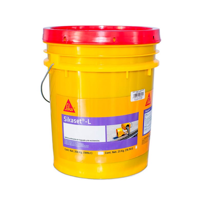 Sikaset L Cub de 24.6 kg Sika, cubo plástico amarillo con tapa roja y etiqueta frontal blanca y morada