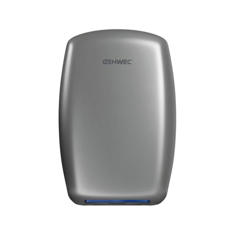 Secador de mano automático Neo 120V acero inoxidable satinado Genwec, vista frontal del equipo sobre fondo blanco