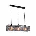 Luminaria colgante Veluma 3L E27 20W negro Westinghouse, vista frontal con tres bombillas encendidas y estructura calada