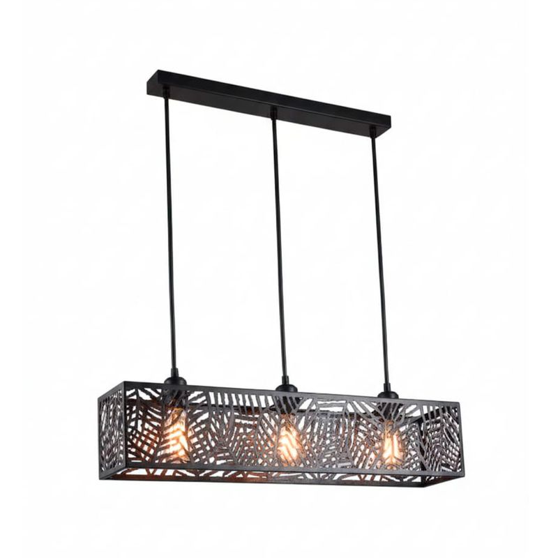 Luminaria colgante Veluma 3L E27 20W negro Westinghouse, vista frontal con tres bombillas encendidas y estructura calada