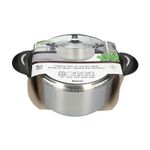 Olla de acero inoxidable 240 x 135 mm Koopman, vista frontal en su empaque de cartón con mango negro y tapa de vidrio