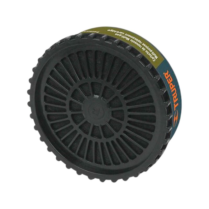 Filtro para máscara Truper de 2 piezas multigases, vista frontal del filtro circular negro con rejilla radial