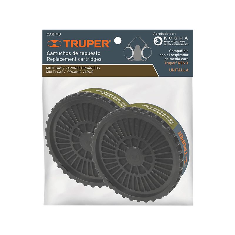 Filtro para máscara Truper de 2 piezas multigases, dos cartuchos negros dentro de su empaque plástico transparente