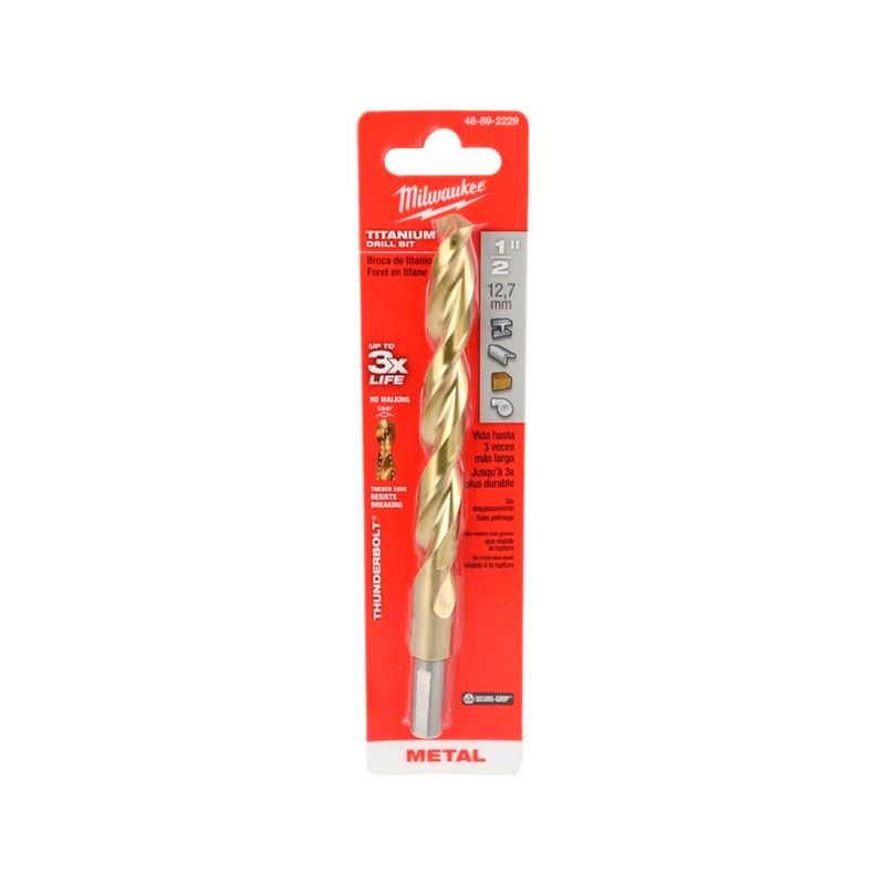 Broca de titanio Milwaukee de 1/2 pulgada para metal, presentada en su empaque rojo con detalles técnicos
