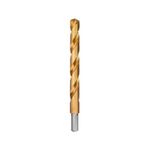 Broca de titanio Milwaukee de 1/2 pulgada para metal, vista frontal del cuerpo dorado y vástago plateado
