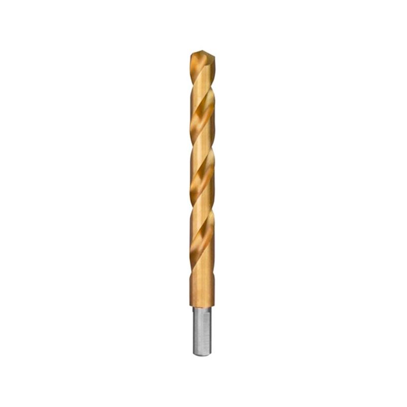 Broca de titanio Milwaukee de 1/2 pulgada para metal, vista frontal del cuerpo dorado y vástago plateado
