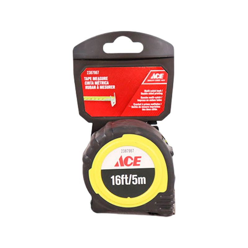 Cinta métrica Power Lock Ace de 3/4 pulgadas x 5 metros, vista frontal en su empaque con detalles en rojo y amarillo