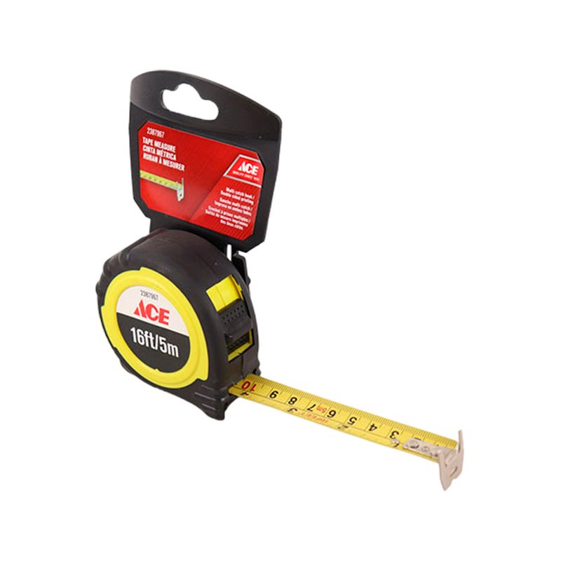 Cinta métrica Power Lock Ace de 3/4 pulgadas x 5 mts, en su empaque colgante con la cinta amarilla extendida