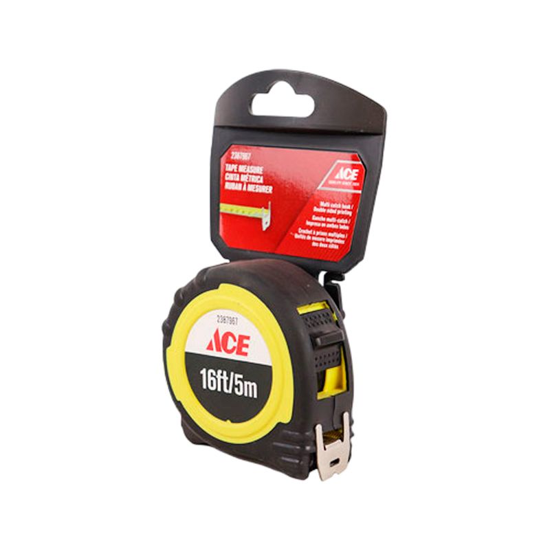 Cinta métrica Power Lock Ace de 3/4 pulgadas x 5 metros, en su empaque colgante de cartón negro y rojo