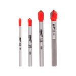Juego de brocas para vidrio y azulejo Milwaukee de 4 piezas, cuatro brocas alineadas con puntas rojas y cuerpo metálico