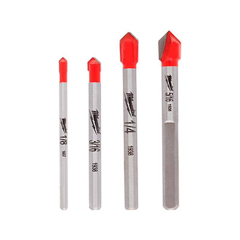 Juego de brocas para vidrio y azulejo Milwaukee de 4 piezas, cuatro brocas alineadas con puntas rojas y cuerpo metálico