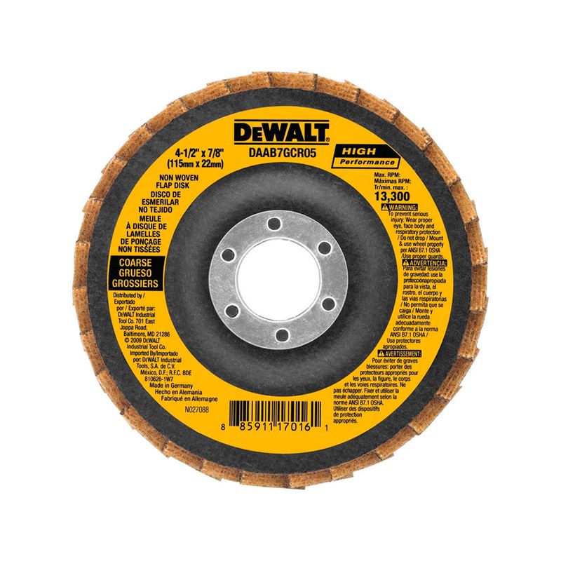 Disco para quitar pintura DeWALT de 4-1/2" x 7/8 grano grueso, vista frontal del disco con etiqueta amarilla y negra