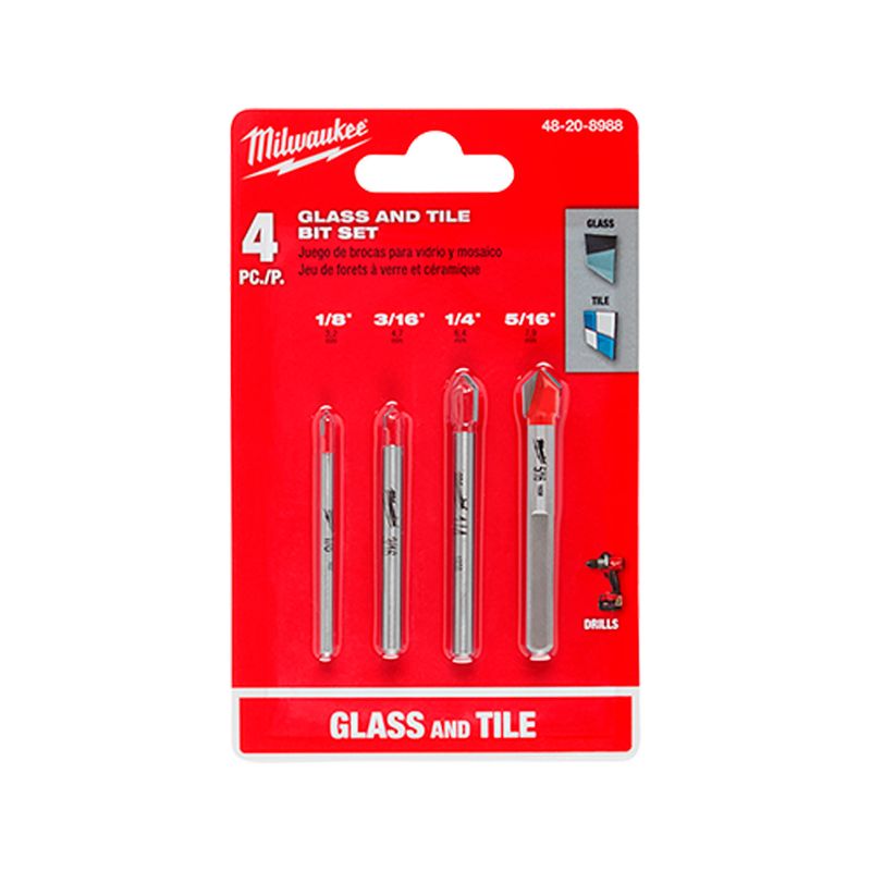 Juego brocas para vidrio y azulejo Milwaukee de 4 piezas, en empaque rojo con las cuatro brocas de diferentes medidas