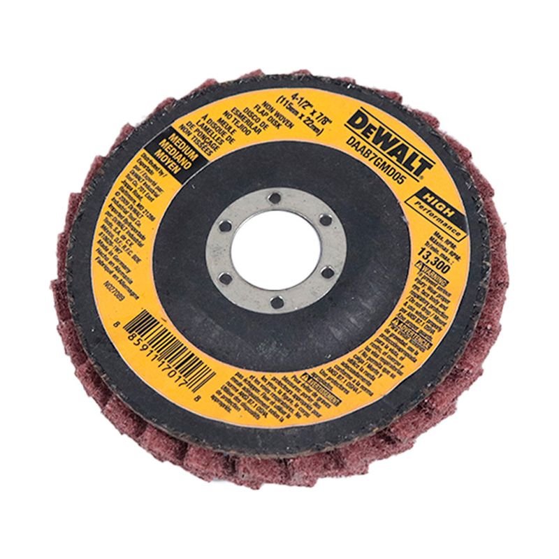 Disco para quitar pintura DeWALT de 4-1/2" x 7/8 grano mediano, vista frontal del disco con etiqueta amarilla y negra