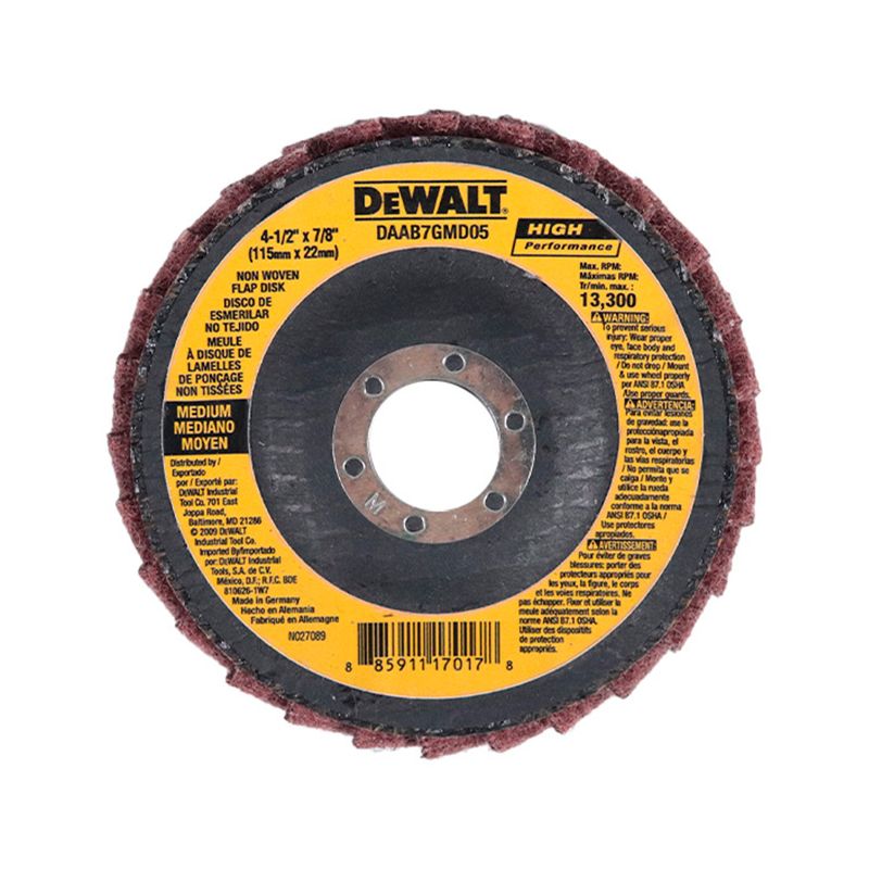 Disco para quitar pintura DeWALT de 4-1/2" x 7/8" grano mediano, vista frontal del disco abrasivo circular rojo y amarillo