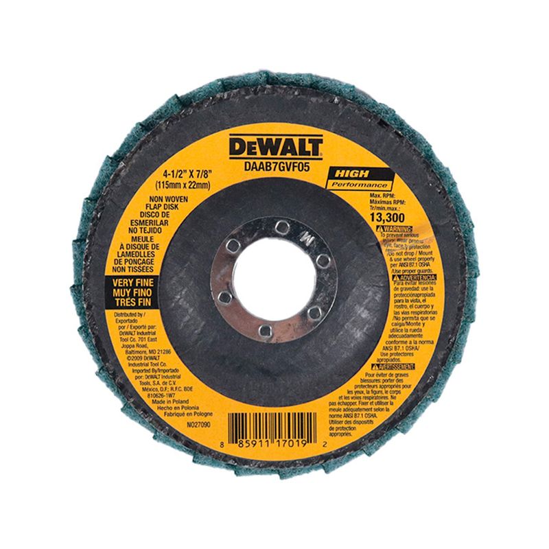 Disco para quitar pintura DeWalt de 4-1/2 x 7/8 pulgadas grano fino, vista frontal del disco con etiqueta amarilla