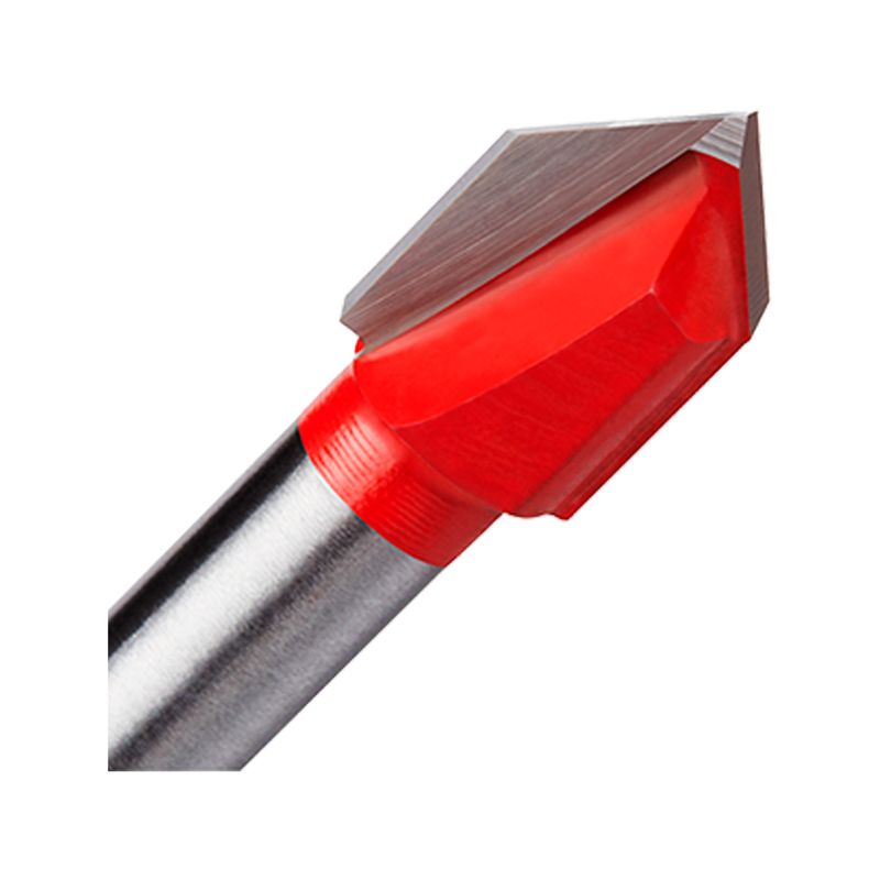 Juego de brocas para vidrio y azulejo Milwaukee de 4 piezas, primer plano del detalle de la punta de corte y cuerpo rojo