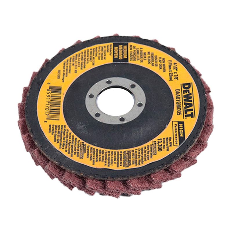 Disco para quitar pintura DeWalt de 4-1/2" x 7/8 grano mediano, vista frontal detallando etiqueta amarilla y centro metálico