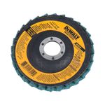 Disco para quitar pintura DeWALT de 4-1/2 x 7/8 pulgadas grano fino, vista frontal del disco con etiqueta amarilla