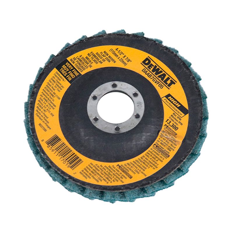 Disco para quitar pintura DeWALT de 4-1/2 x 7/8 pulgadas grano fino, vista frontal del disco con etiqueta amarilla
