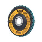 Disco para quitar pintura DeWALT de 4-1/2 x 7/8 pulgadas grano fino, vista frontal de la etiqueta técnica y el centro