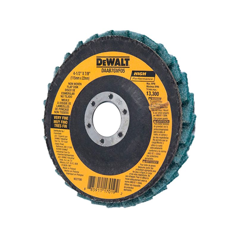 Disco para quitar pintura DeWALT de 4-1/2 x 7/8 pulgadas grano fino, vista frontal de la etiqueta técnica y el centro