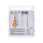 Juego broca escalonada 3 pz DeWALT, parte posterior del empaque con tabla de medidas y código de barras