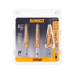 Juego broca escalonada 3 piezas DeWALT, kit en empaque blister con tres brocas doradas de diferentes tamaños
