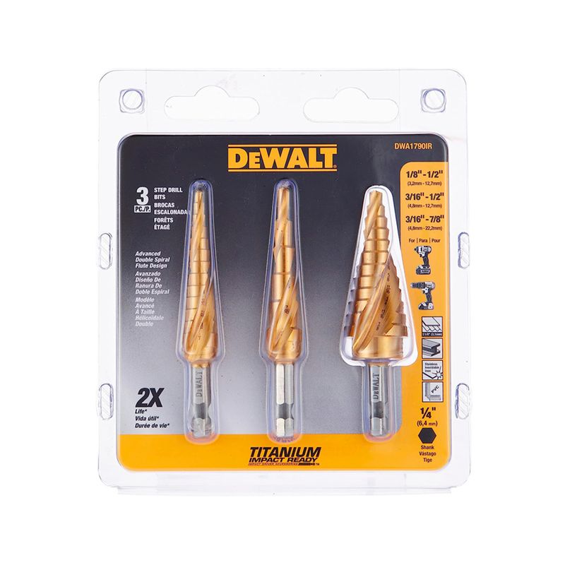 Juego broca escalonada 3 piezas DeWALT, kit en empaque blister con tres brocas doradas de diferentes tamaños