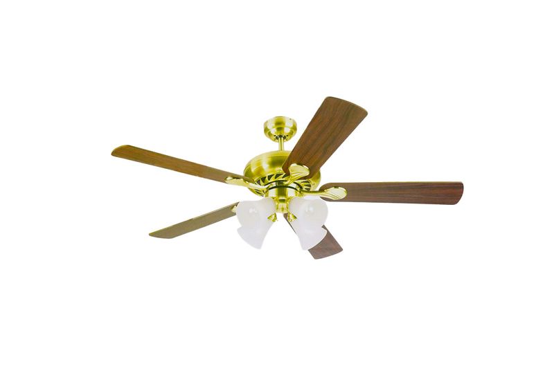 Abanico de techo interior Swirl Westinghouse de 52 pulgadas oro con luz, vista frontal con aspas de madera y tulipas blancos