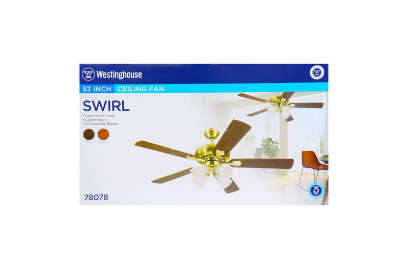 Abanico de techo interior Swirl Westinghouse de 52 pulgadas oro con luz, en su caja con ilustración del equipo instalado