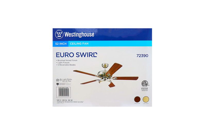 Abanico de techo interior Euro Swirl Westinghouse 52 pulgadas níquel con luz, empaque frontal con foto del equipo