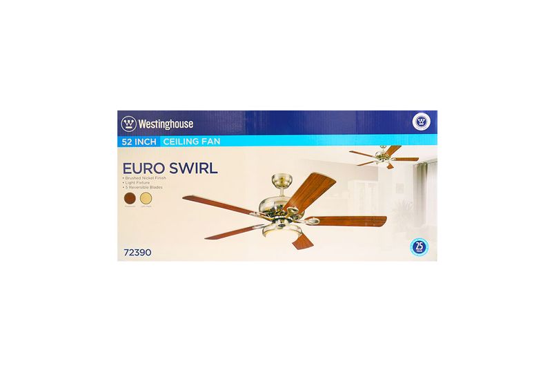 Abanico de techo interior Euro Swirl Westinghouse de 52 pulgadas níquel con luz, caja con ilustración del equipo