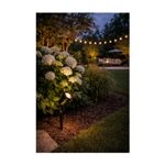 Luminaria estaca Bilar zona costera E27 Tecnolite, encendida iluminando arbustos en un jardín durante el atardecer