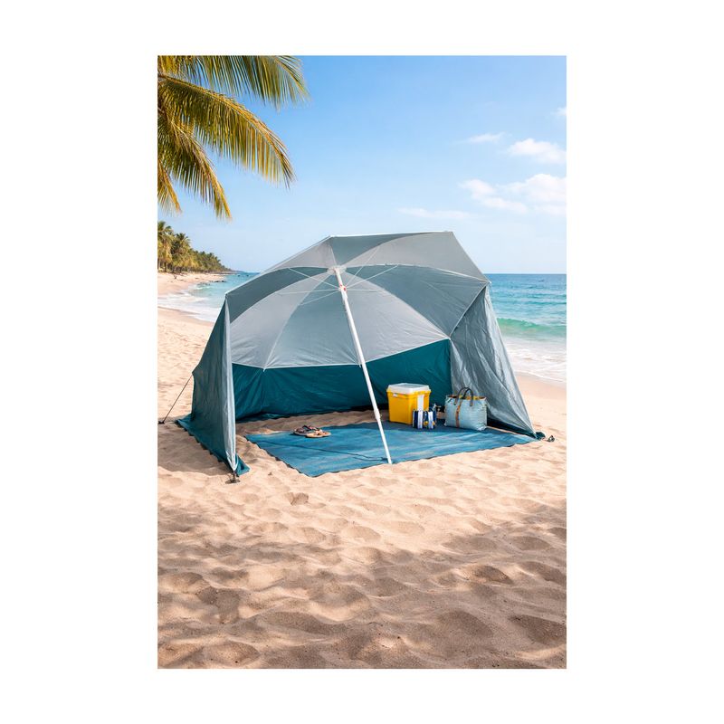 Sombrilla para playa indiana Neka, abierta en la arena de una playa junto a una hielera amarilla y una bolsa azul