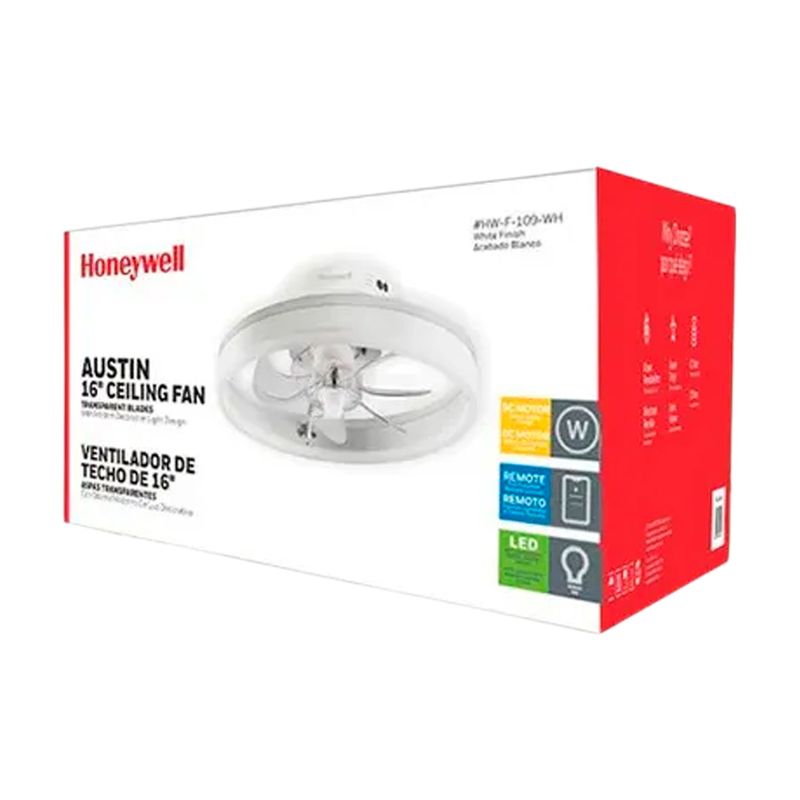 Abanico de techo con lámpara LED 30W CCT3000K, 4500K, 6000K 110-240V Honeywell, en su caja con ilustración del producto