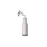 Botella acero inox con parlante bluetooth blanca Sinsa, vista frontal con gráfico de notas musicales saliendo de la tapa