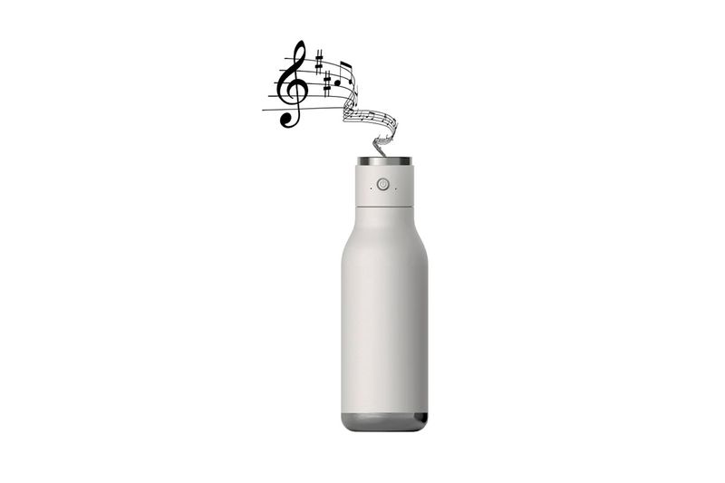Botella acero inox con parlante bluetooth blanca Sinsa, vista frontal con gráfico de notas musicales saliendo de la tapa