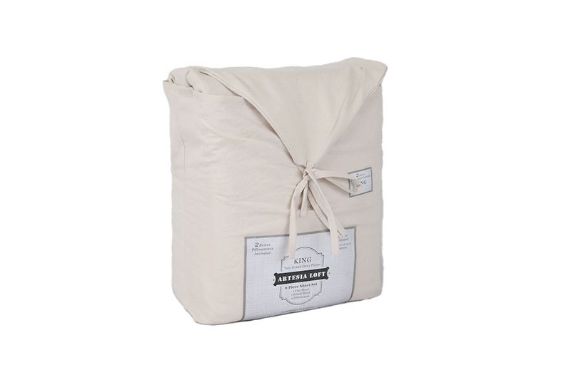 Juego de sábanas King 6 piezas crema solid washed CHD Home, empaquetado en tela con lazo y etiqueta de marca