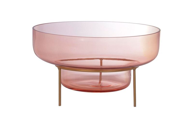 Centro de mesa con soporte 32 x 15 cm rosa gold Santini, vista frontal del cuenco de vidrio sobre base metálica dorada